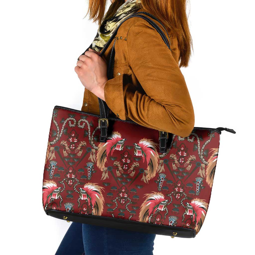 Oxblood Bird of Batik Papua Leather Tote Bag Exotic Natural Wealth of Papua - Polynesian Pride