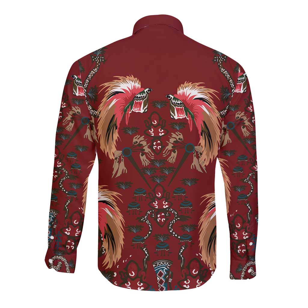 Oxblood Bird of Batik Papua Long Sleeve Button Shirt Exotic Natural Wealth of Papua - Polynesian Pride