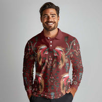 Oxblood Bird of Batik Papua Long Sleeve Polo Shirt Exotic Natural Wealth of Papua LT9 - Polynesian Pride