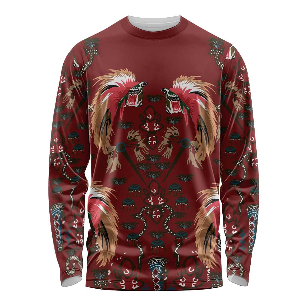 Oxblood Bird of Batik Papua Long Sleeve Shirt Exotic Natural Wealth of Papua - Polynesian Pride
