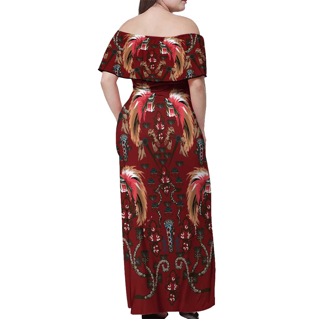 Oxblood Bird of Batik Papua Off Shoulder Maxi Dress Exotic Natural Wealth of Papua - Polynesian Pride