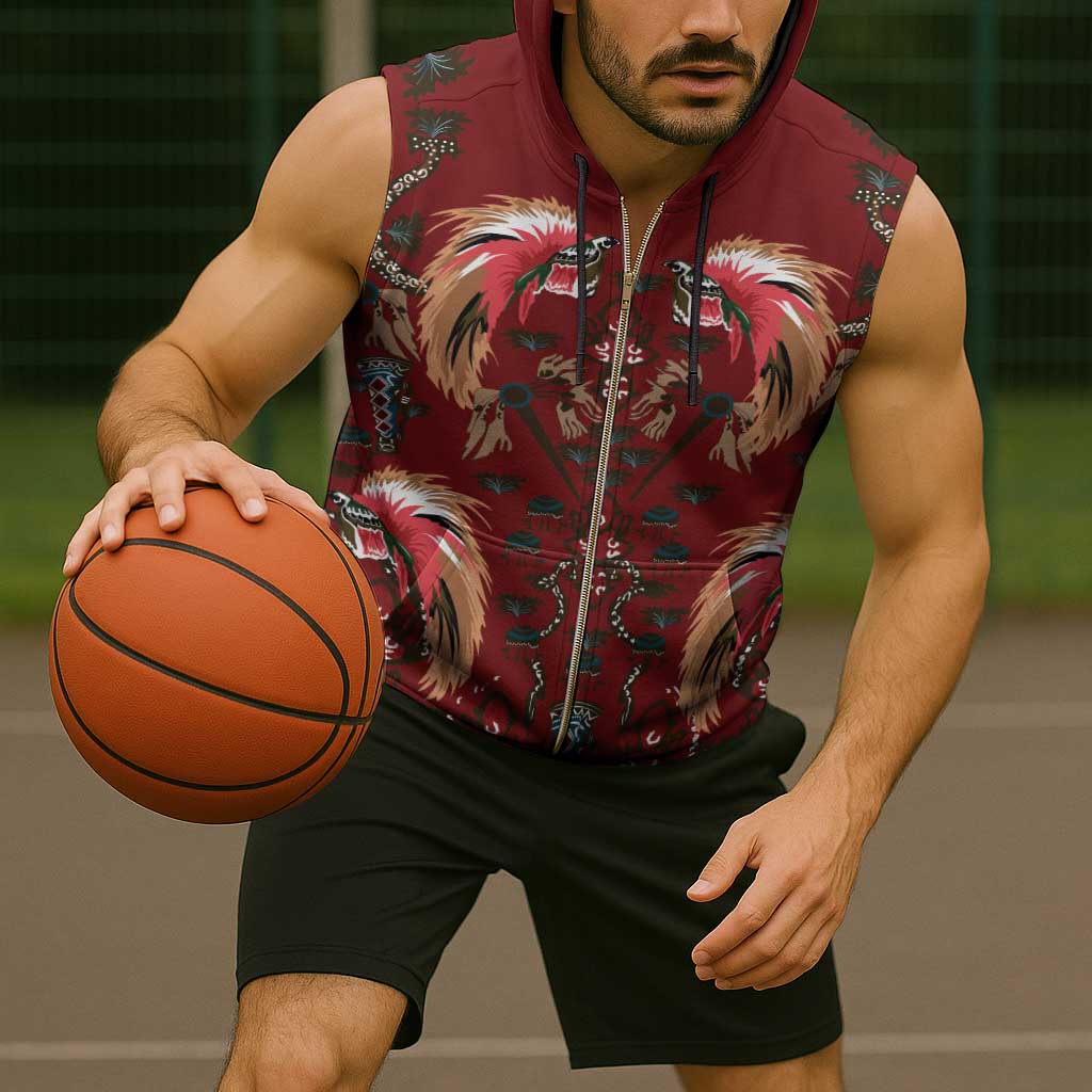 Oxblood Bird of Batik Papua Sleeveless Zip Hoodie Exotic Natural Wealth of Papua - Polynesian Pride