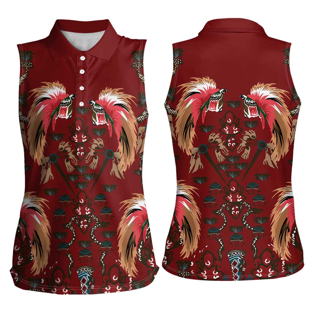 Oxblood Bird of Batik Papua Women Sleeveless Polo Shirt Exotic Natural Wealth of Papua LT9 - Polynesian Pride