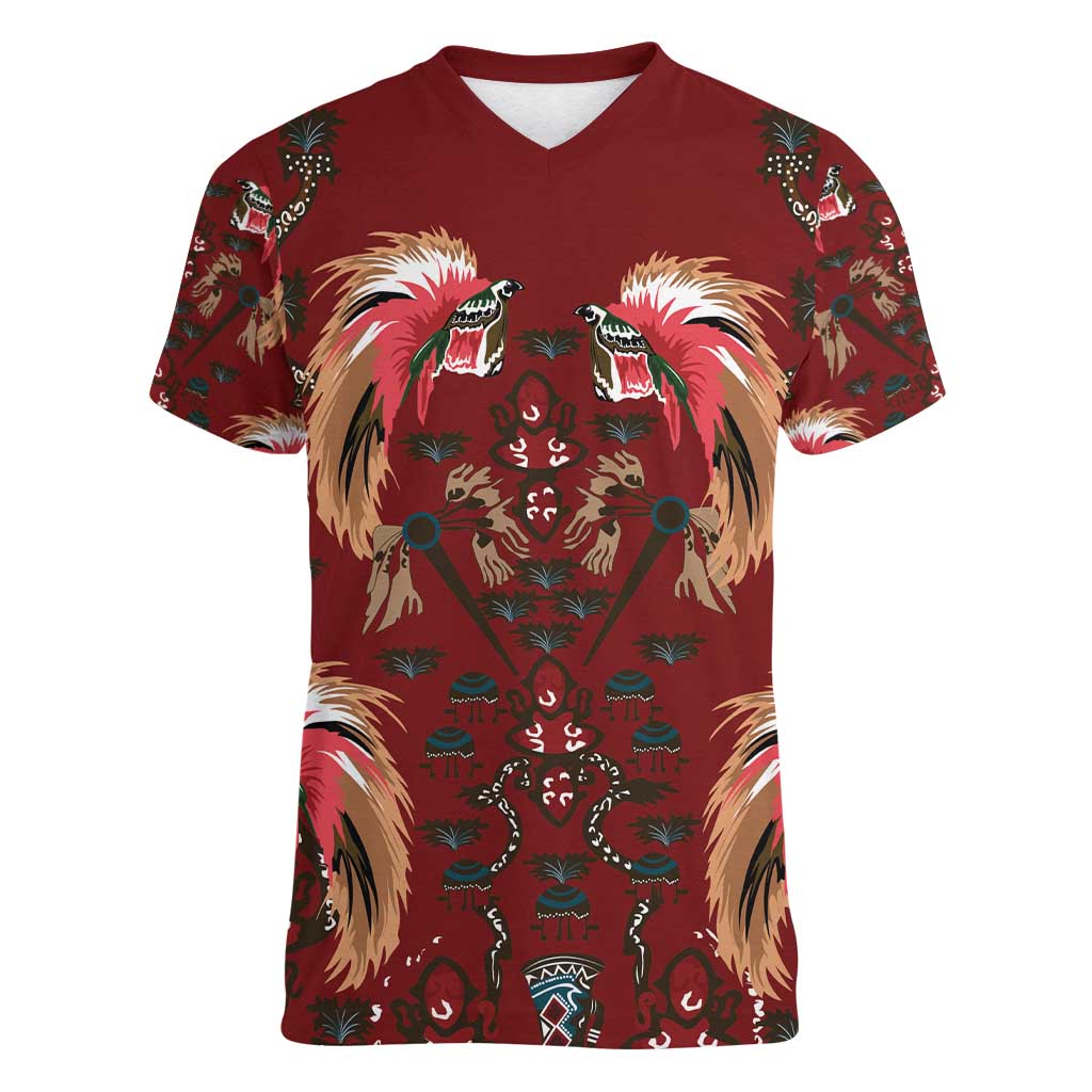 Oxblood Bird of Batik Papua Women V-Neck T-Shirt Exotic Natural Wealth of Papua LT9 Female Red - Polynesian Pride
