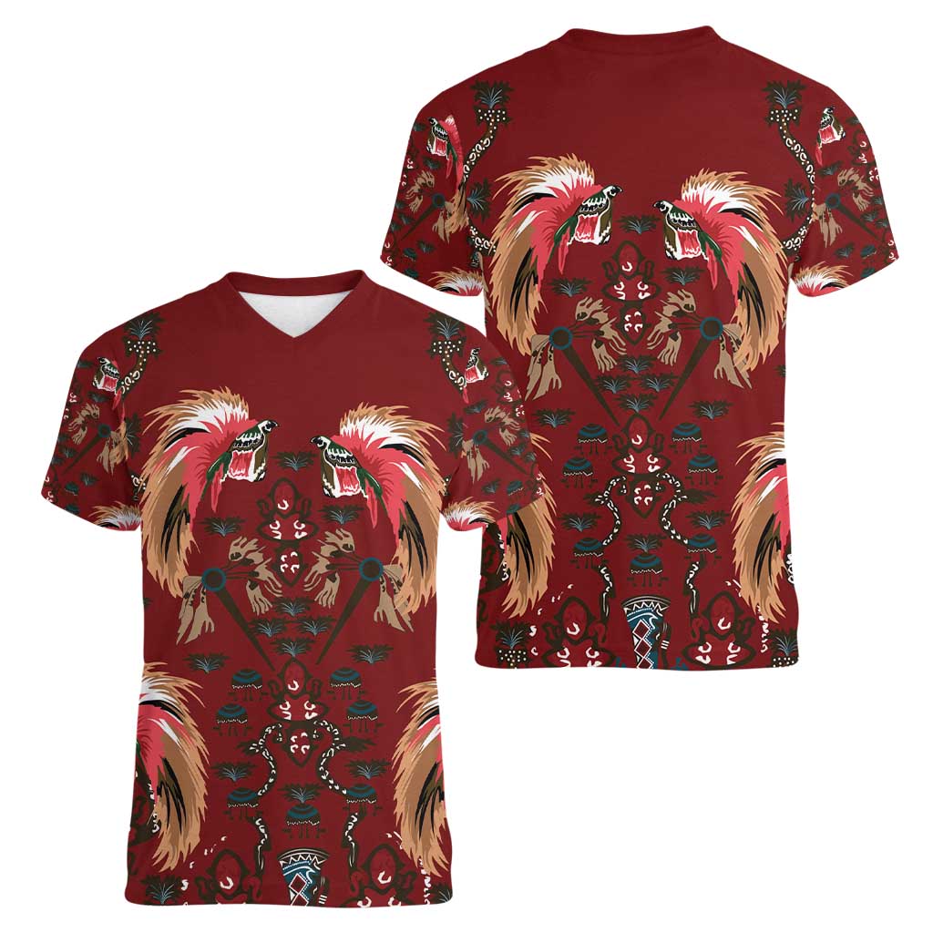 Oxblood Bird of Batik Papua Women V-Neck T-Shirt Exotic Natural Wealth of Papua LT9 - Polynesian Pride