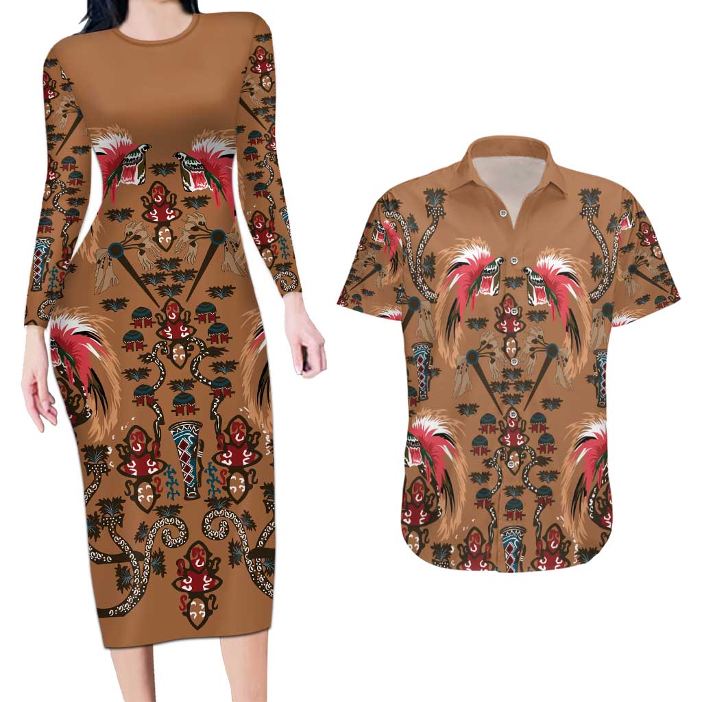 Terracotta Bird of Batik Papua Couples Matching Long Sleeve Bodycon Dress and Hawaiian Shirt Exotic Natural Wealth of Papua - Polynesian Pride