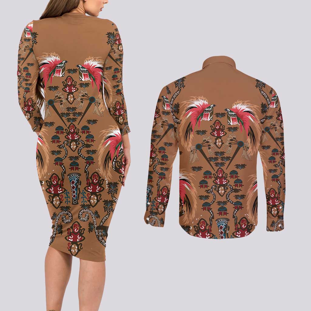 Terracotta Bird of Batik Papua Couples Matching Long Sleeve Bodycon Dress and Long Sleeve Button Shirt Exotic Natural Wealth of Papua LT9 - Polynesian Pride