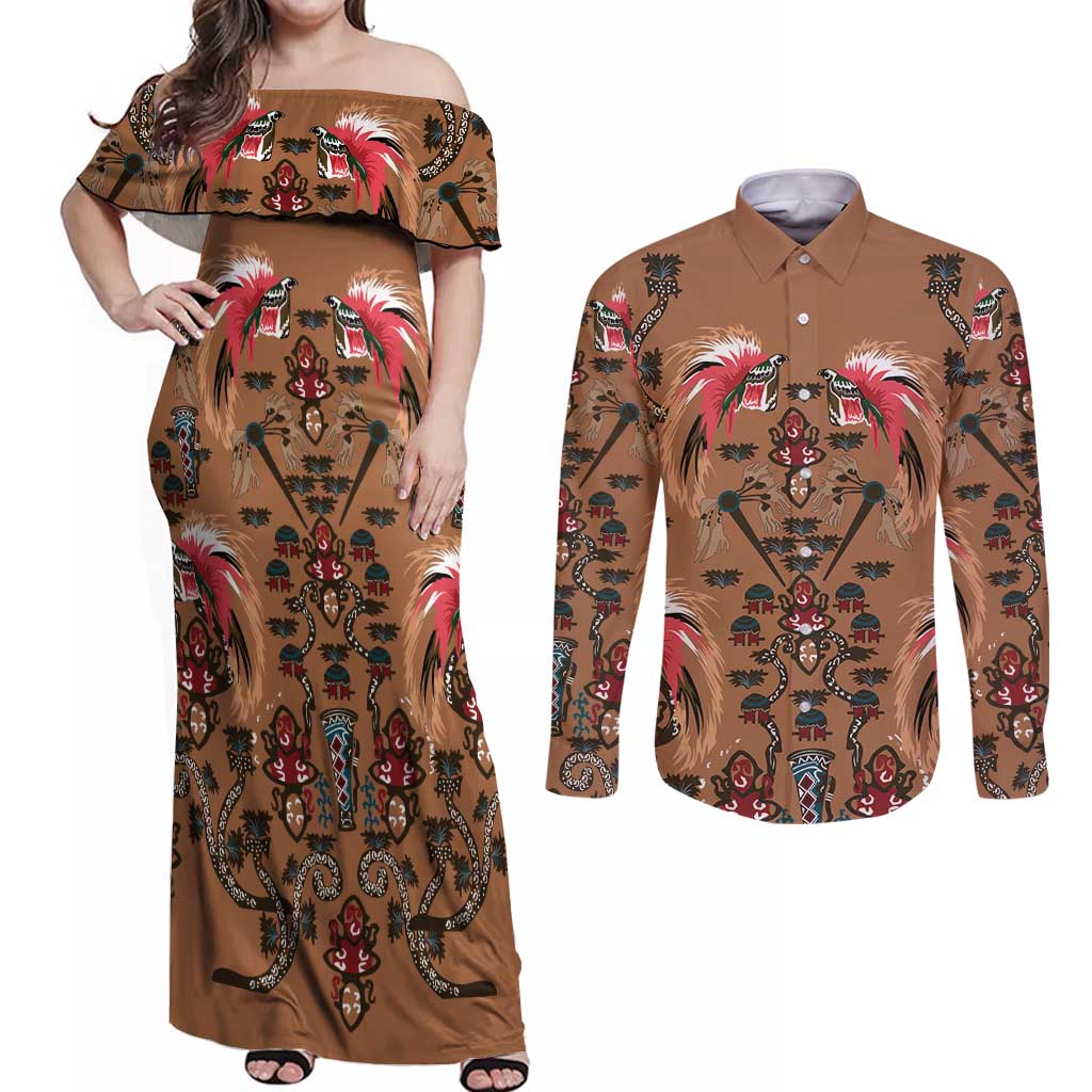 Terracotta Bird of Batik Papua Couples Matching Off Shoulder Maxi Dress and Long Sleeve Button Shirt Exotic Natural Wealth of Papua LT9 Gold - Polynesian Pride