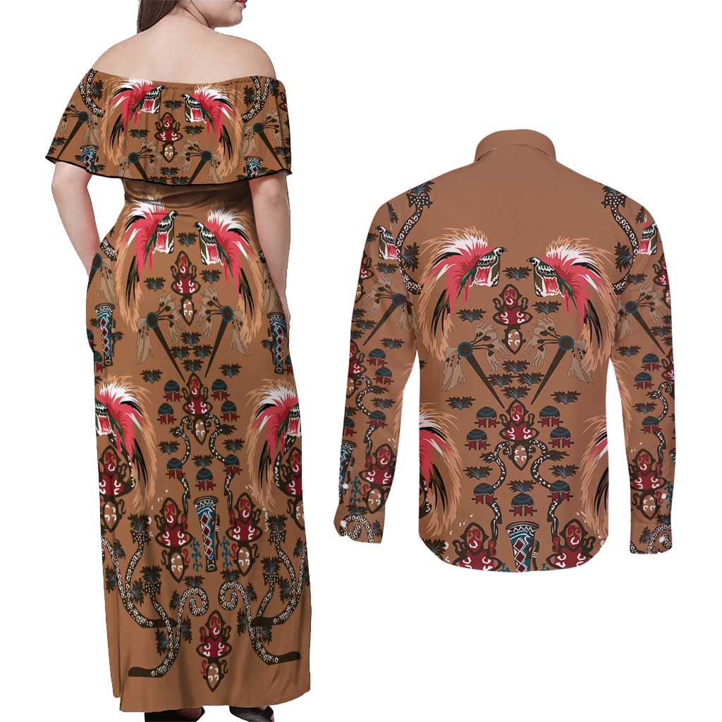 Terracotta Bird of Batik Papua Couples Matching Off Shoulder Maxi Dress and Long Sleeve Button Shirt Exotic Natural Wealth of Papua LT9 - Polynesian Pride