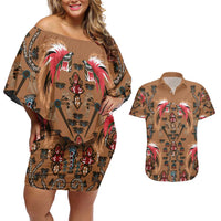 Terracotta Bird of Batik Papua Couples Matching Off Shoulder Short Dress and Hawaiian Shirt Exotic Natural Wealth of Papua - Polynesian Pride