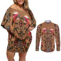 Terracotta Bird of Batik Papua Couples Matching Off Shoulder Short Dress and Long Sleeve Button Shirt Exotic Natural Wealth of Papua LT9 Gold - Polynesian Pride
