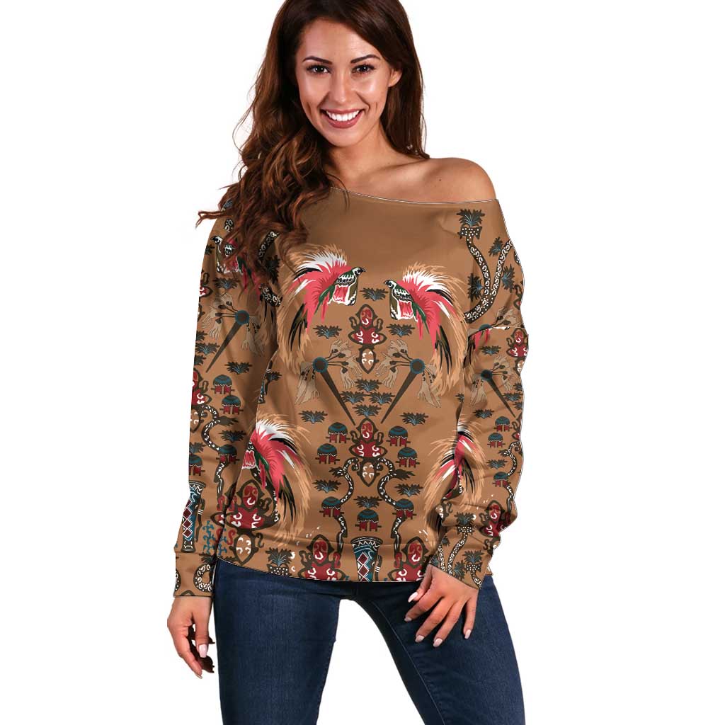 Terracotta Bird of Batik Papua Off Shoulder Sweater Exotic Natural Wealth of Papua - Polynesian Pride