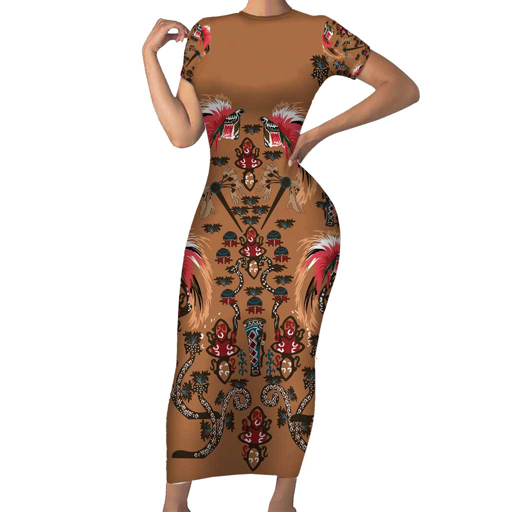 Terracotta Bird of Batik Papua Short Sleeve Bodycon Dress Exotic Natural Wealth of Papua - Polynesian Pride