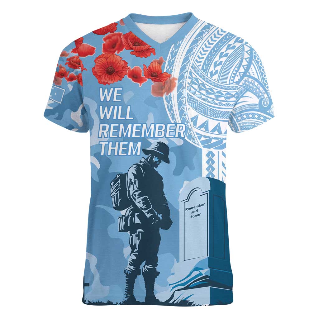 FSM Verterans Day Women V-Neck T-Shirt Their Lives Your Freedom LT9 Female Blue - Polynesian Pride