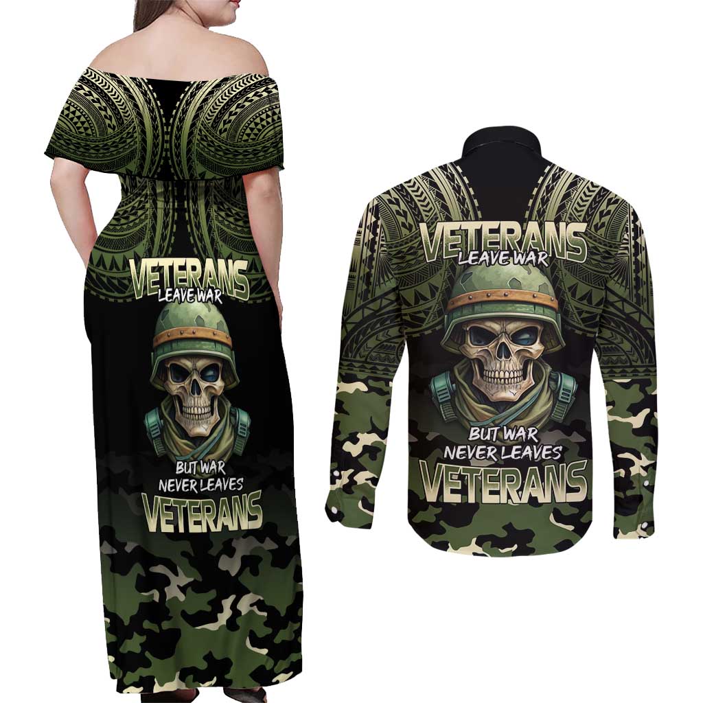 Veterans Day Couples Matching Off Shoulder Maxi Dress and Long Sleeve Button Shirt War Never Leaves A Veteran Proud Military