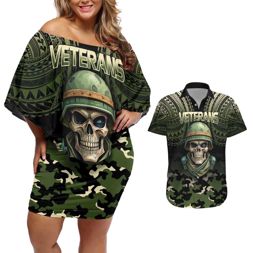 Veterans Day Couples Matching Off Shoulder Short Dress and Hawaiian Shirt War Never Leaves A Veteran Proud Military
