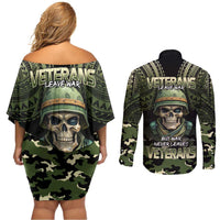 Veterans Day Couples Matching Off Shoulder Short Dress and Long Sleeve Button Shirt War Never Leaves A Veteran Proud Military