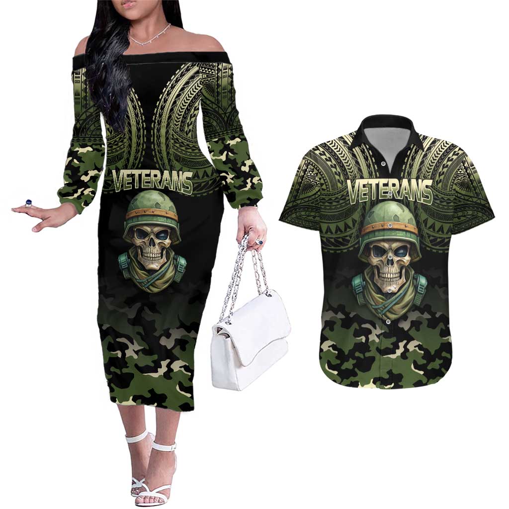 Veterans Day Couples Matching Off The Shoulder Long Sleeve Dress and Hawaiian Shirt War Never Leaves A Veteran Proud Military