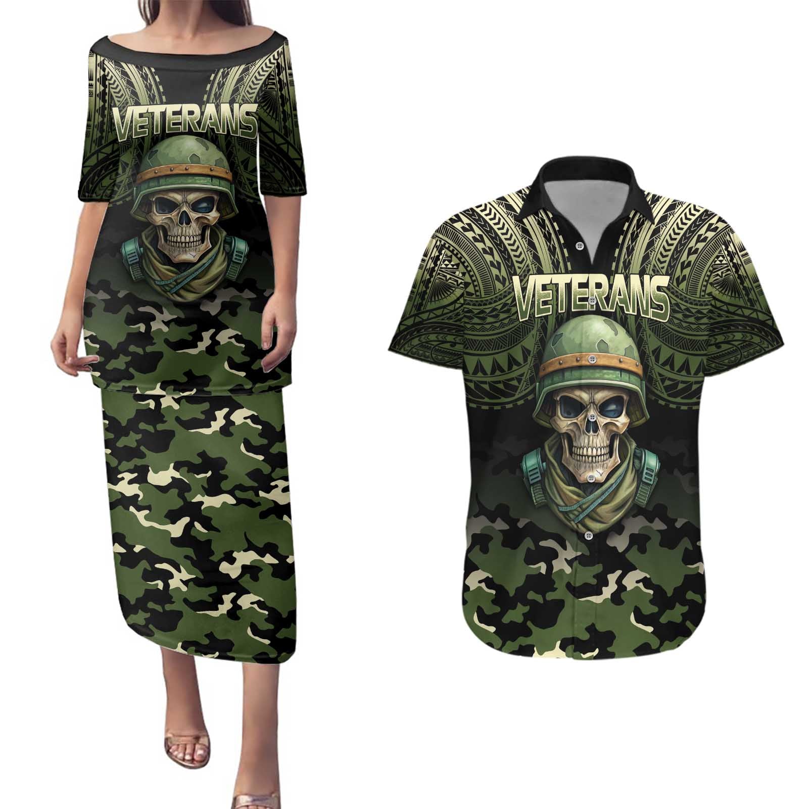 Veterans Day Couples Matching Puletasi and Hawaiian Shirt War Never Leaves A Veteran Proud Military