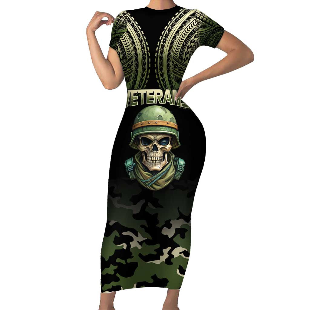 Veterans Day Family Matching Short Sleeve Bodycon Dress and Hawaiian Shirt War Never Leaves A Veteran Proud Military LT9 Mom's Dress Black - Polynesian Pride