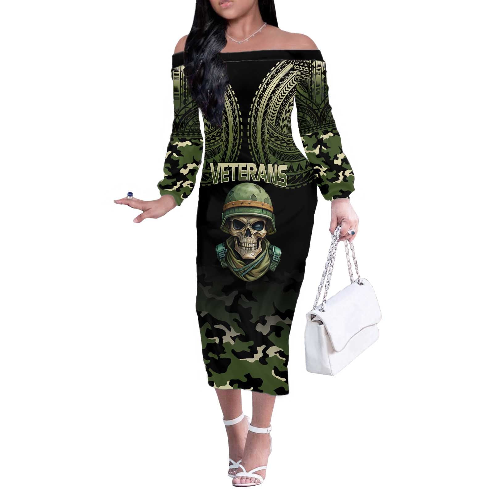 Veterans Day Off The Shoulder Long Sleeve Dress War Never Leaves A Veteran Proud Military