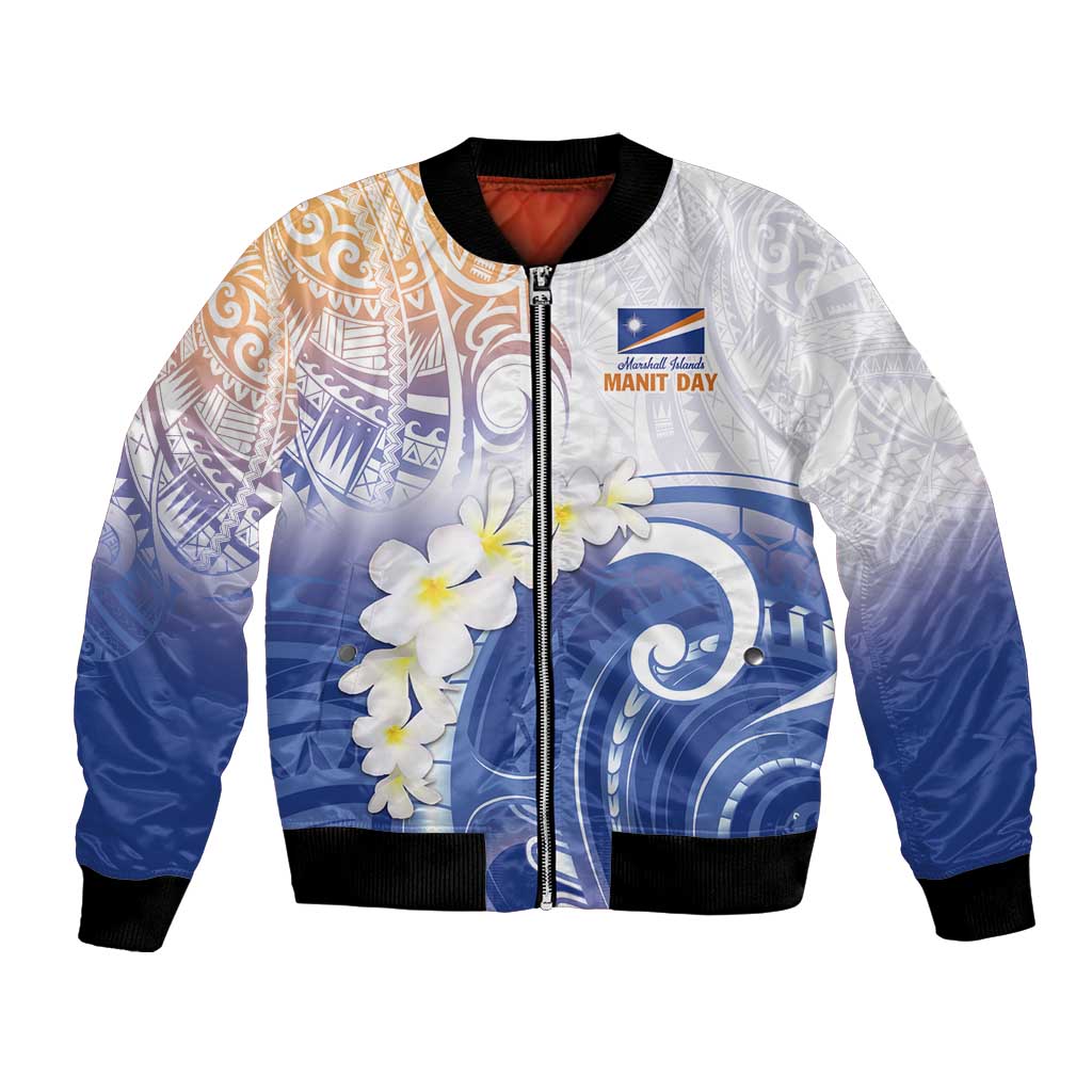 Marshall Islands Manit Day Bomber Jacket Plumeria and Polynesian Tribal