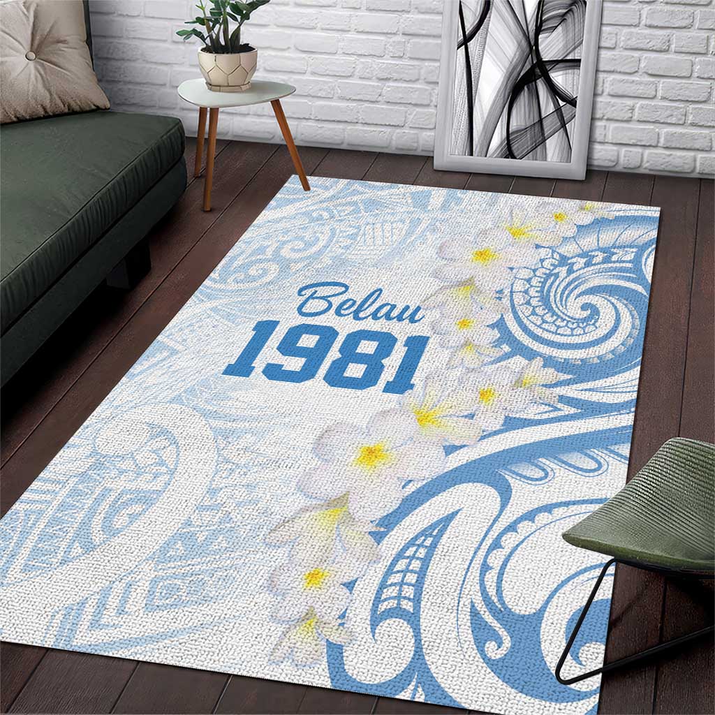 Palau 1981 Tribal Tattoo Area Rug with Belau Plumeria Flowers