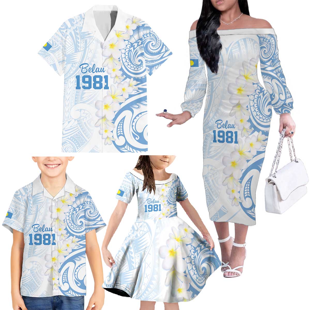 Palau 1981 Tribal Tattoo Family Matching Off The Shoulder Long Sleeve Dress and Hawaiian Shirt with Belau Plumeria Flowers