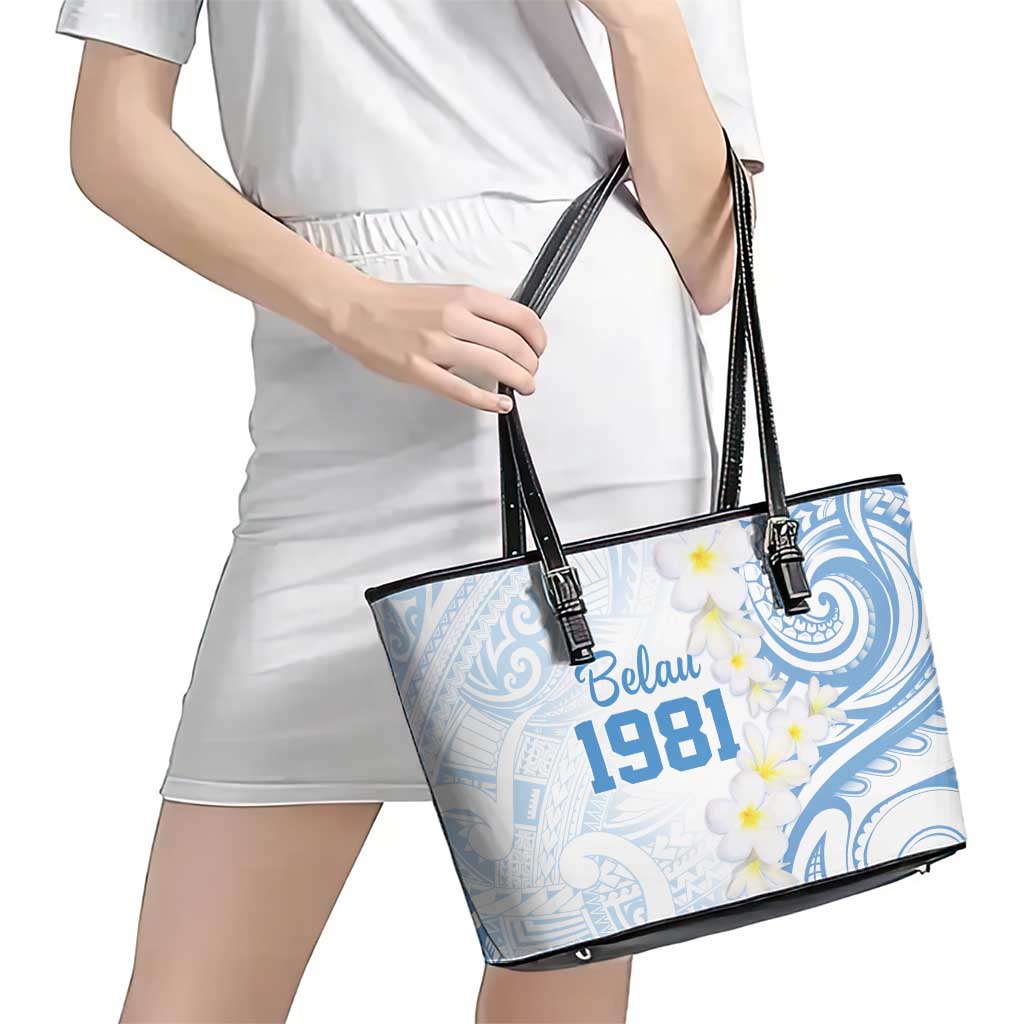 Palau 1981 Tribal Tattoo Leather Tote Bag with Belau Plumeria Flowers