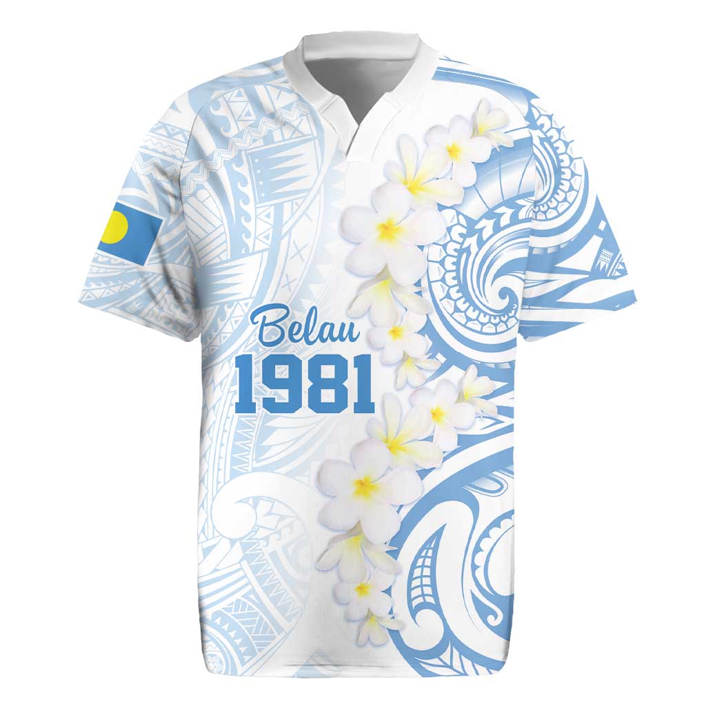 Palau 1981 Tribal Tattoo Rugby Jersey with Belau Plumeria Flowers LT9 White - Polynesian Pride
