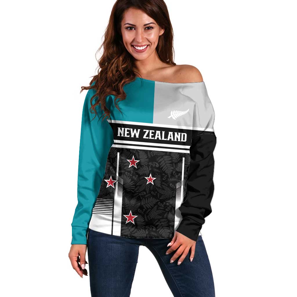 Custom NZ Cricket Pride Off Shoulder Sweater Silver Fern Fan Supporter Apparel LT9 Women Black - Polynesian Pride