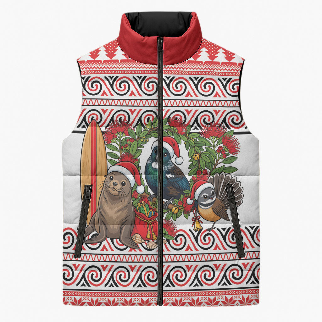 New Zealand Animal Christmas Sleeveless Puffer Jacket Maori Inspired Kowhaiwhai Patterns LT9 Unisex Red - Polynesian Pride