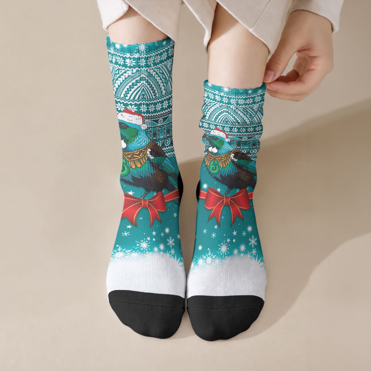 New Zealand Tui Bird Christmas Crew Socks Maori Inspired Knitted Patterns LT9 Crew Socks Turquoise - Polynesian Pride