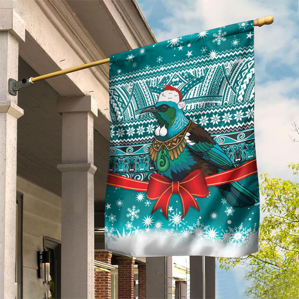 New Zealand Tui Bird Christmas Garden Flag Maori Inspired Knitted Patterns LT9 House Flag Turquoise - Polynesian Pride