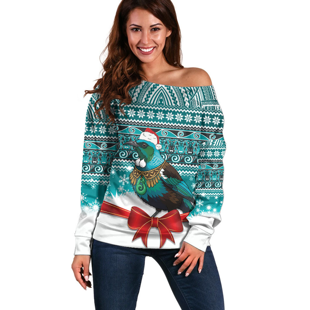 New Zealand Tui Bird Christmas Off Shoulder Sweater Maori Inspired Knitted Patterns LT9 Women Turquoise - Polynesian Pride