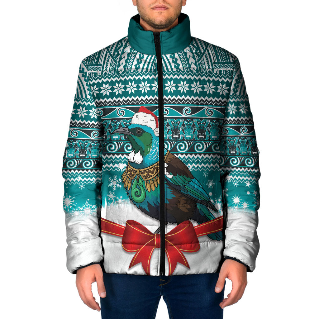 New Zealand Tui Bird Christmas Padded Jacket Maori Inspired Knitted Patterns LT9 Men Turquoise - Polynesian Pride