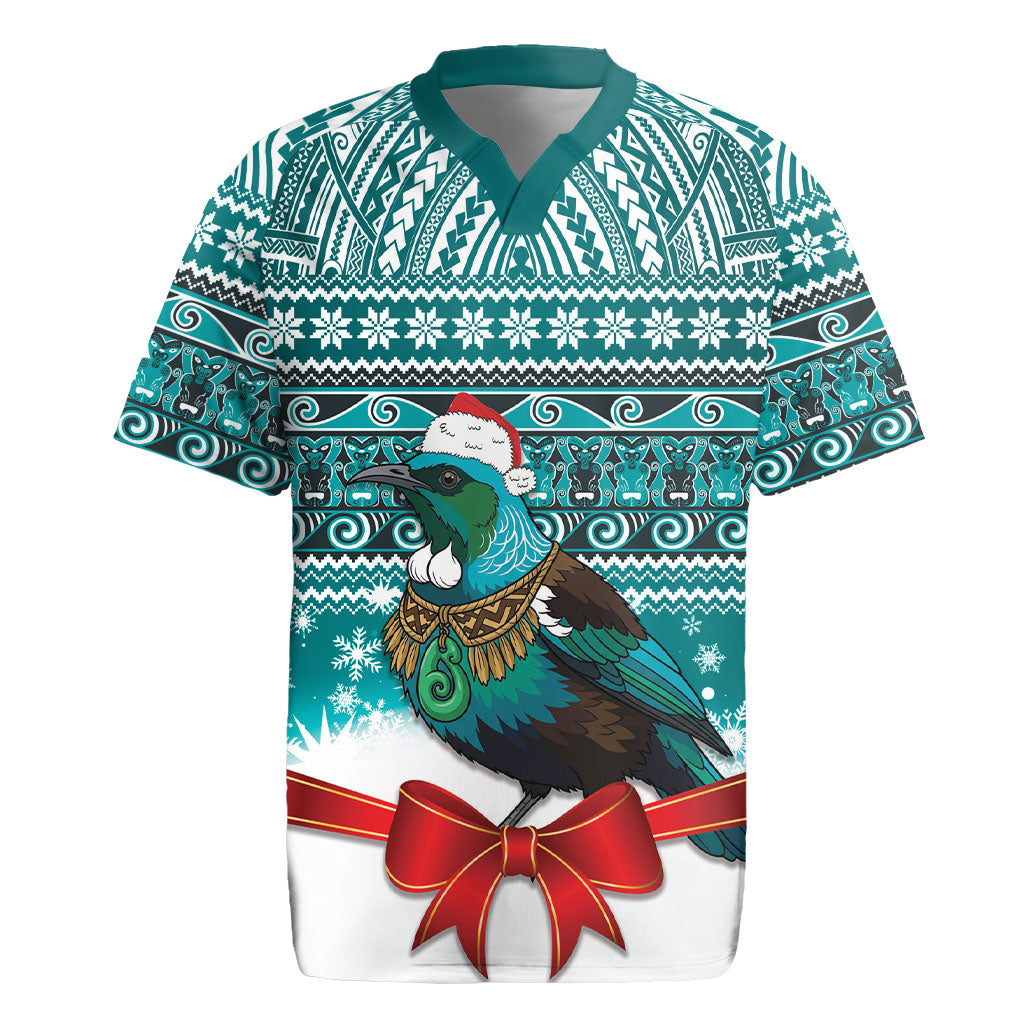 New Zealand Tui Bird Christmas Rugby Jersey Maori Inspired Knitted Patterns LT9 Turquoise - Polynesian Pride