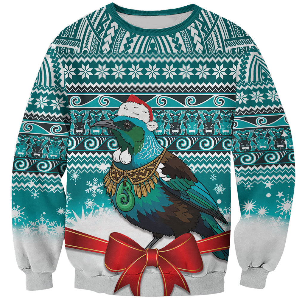 New Zealand Tui Bird Christmas Sweatshirt Maori Inspired Knitted Patterns LT9 Unisex Turquoise - Polynesian Pride