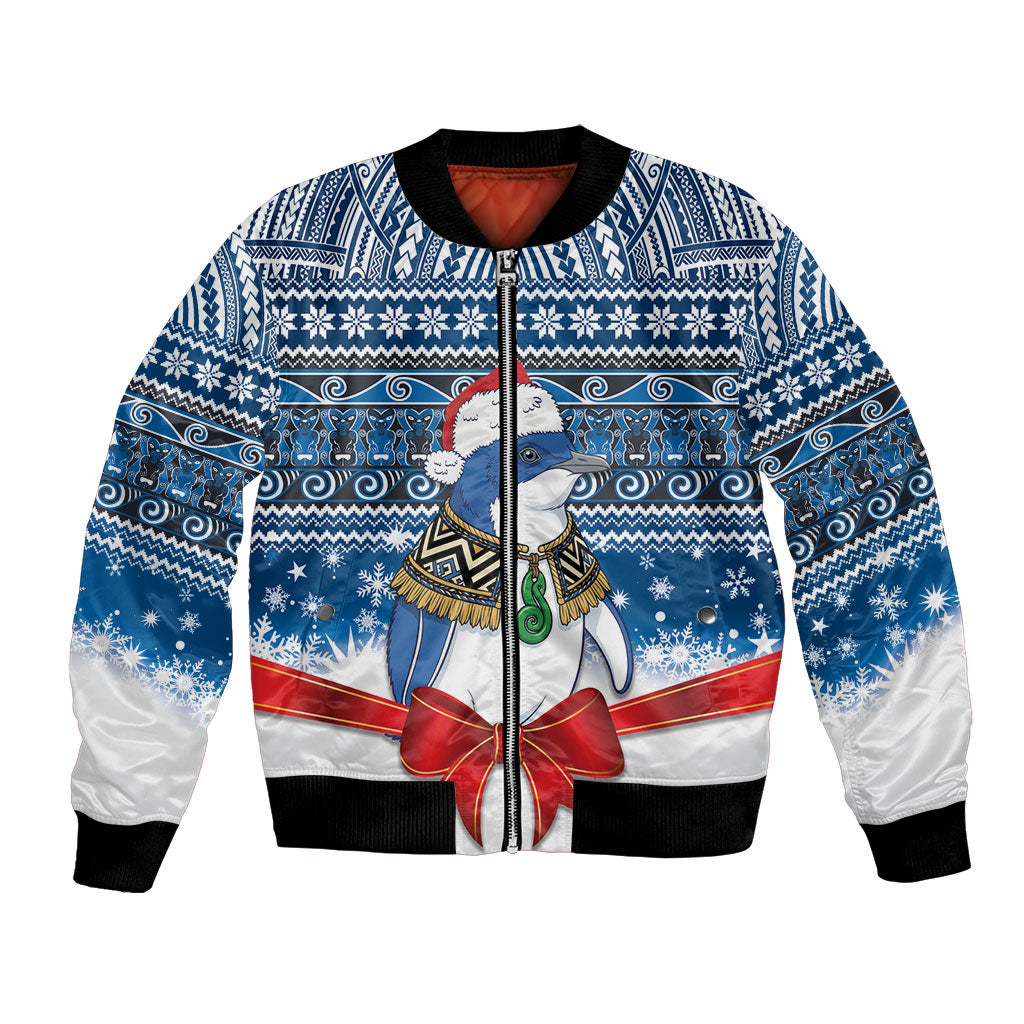New Zealand Fairy Penguin Korora Christmas Bomber Jacket Maori Inspired Knitted Patterns LT9 Unisex Blue - Polynesian Pride