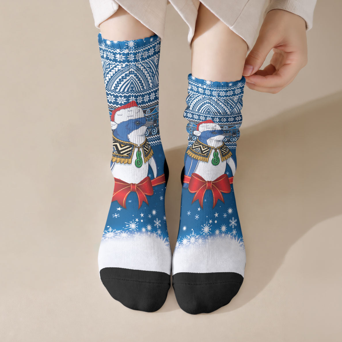 New Zealand Fairy Penguin Korora Christmas Crew Socks Maori Inspired Knitted Patterns LT9 Crew Socks Blue - Polynesian Pride