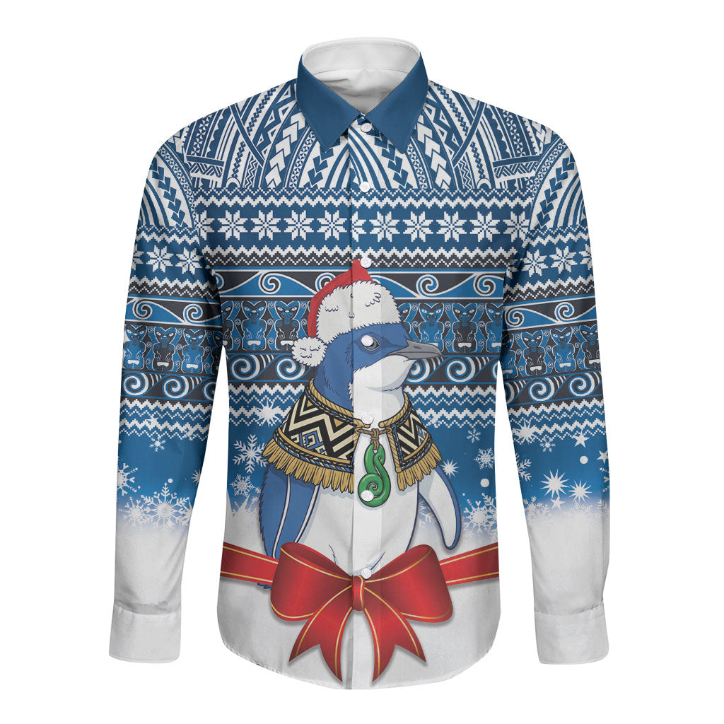 New Zealand Fairy Penguin Korora Christmas Long Sleeve Button Shirt Maori Inspired Knitted Patterns LT9 Unisex Blue - Polynesian Pride