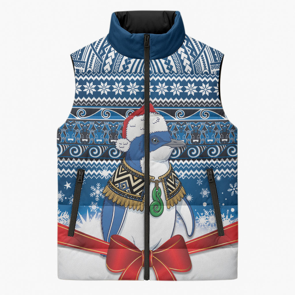 New Zealand Fairy Penguin Korora Christmas Sleeveless Puffer Jacket Maori Inspired Knitted Patterns LT9 Unisex Blue - Polynesian Pride