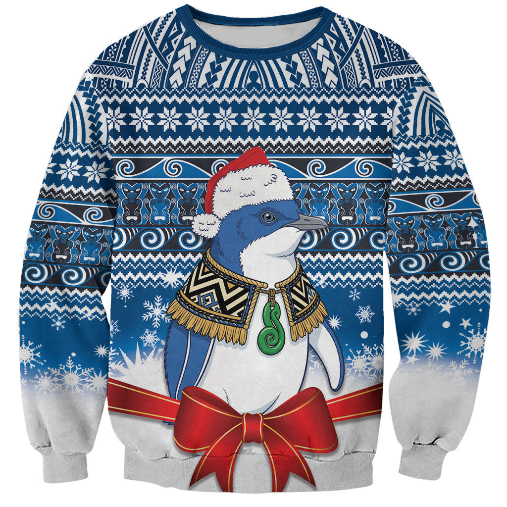 New Zealand Fairy Penguin Korora Christmas Sweatshirt Maori Inspired Knitted Patterns LT9 Unisex Blue - Polynesian Pride