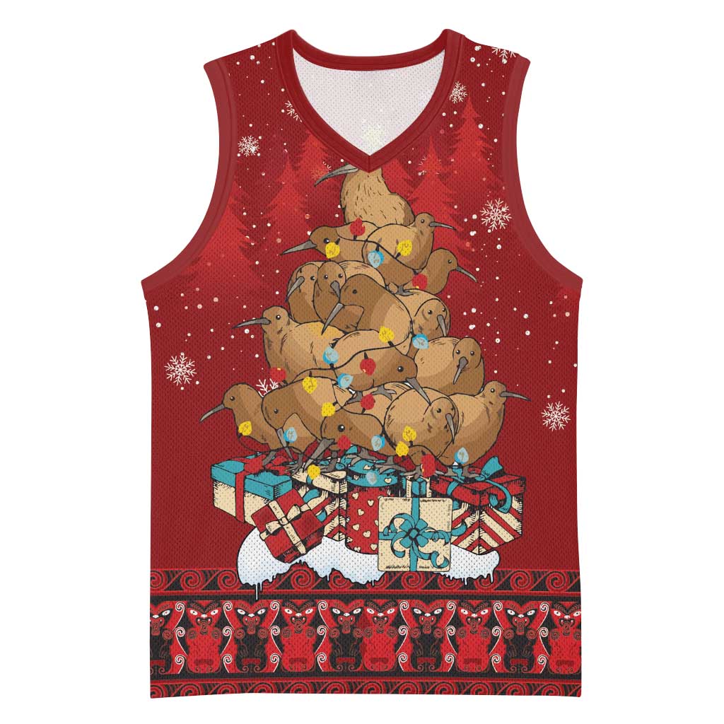 Funny Kiwi Bird Xmas Tree Basketball Jersey New Zealand Tribal Christmas Spirit - Polynesian Pride