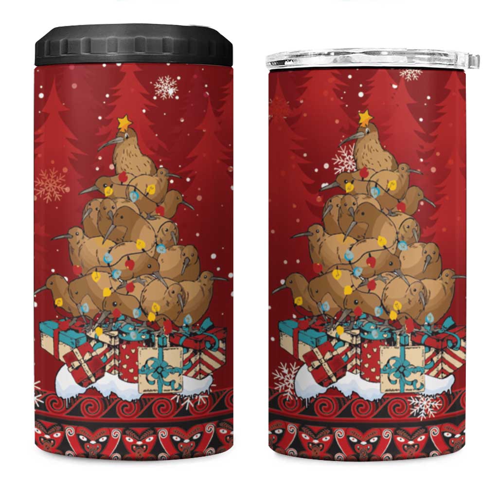 Funny Kiwi Bird Xmas Tree 4 in 1 Can Cooler Tumbler New Zealand Tribal Christmas Spirit - Polynesian Pride