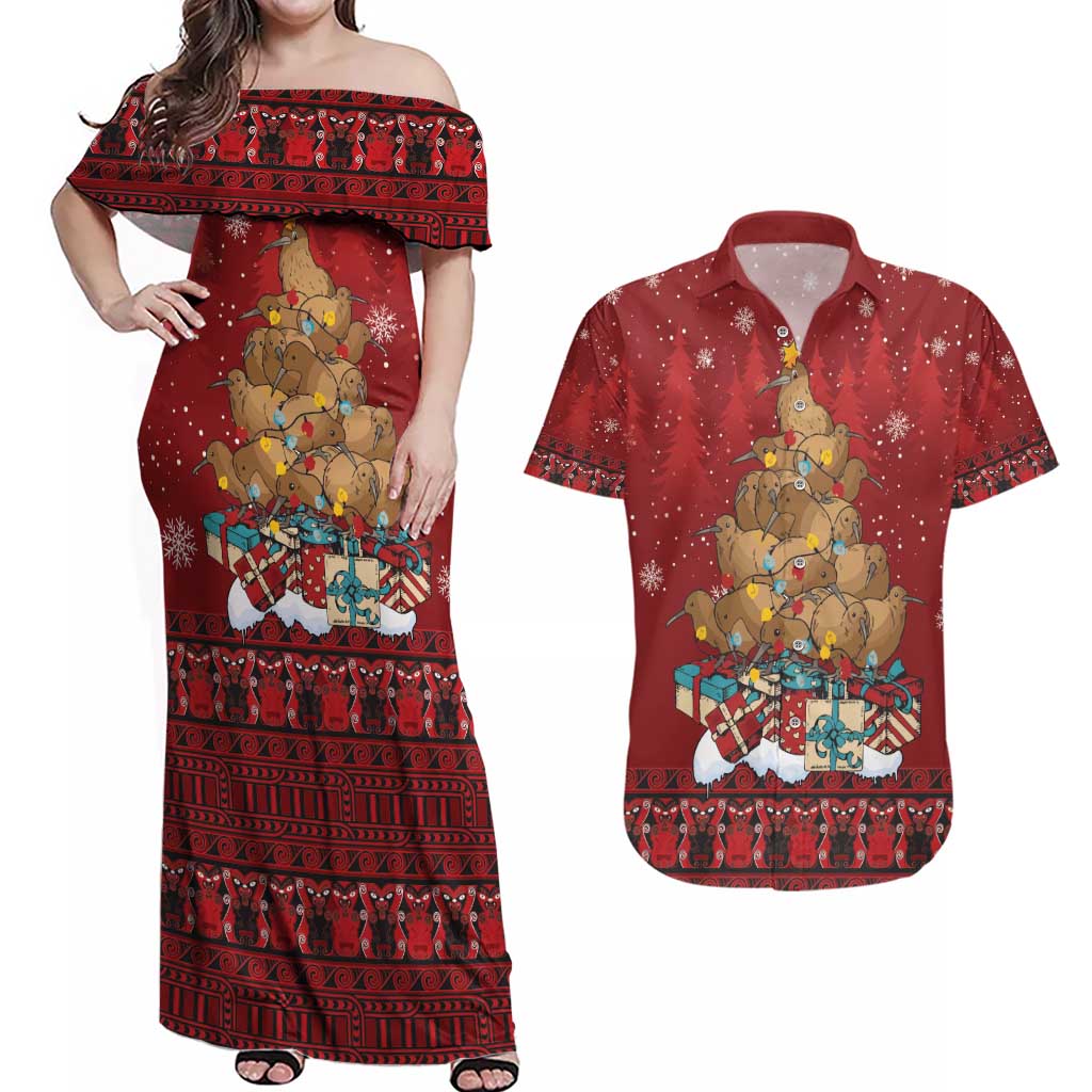 Funny Kiwi Bird Xmas Tree Couples Matching Off Shoulder Maxi Dress and Hawaiian Shirt New Zealand Tribal Christmas Spirit - Polynesian Pride