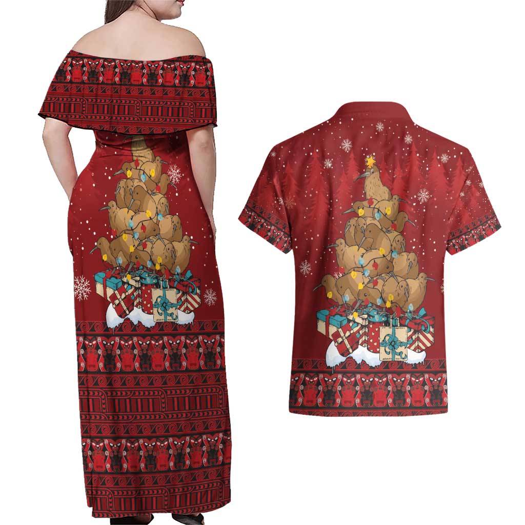 Funny Kiwi Bird Xmas Tree Couples Matching Off Shoulder Maxi Dress and Hawaiian Shirt New Zealand Tribal Christmas Spirit - Polynesian Pride