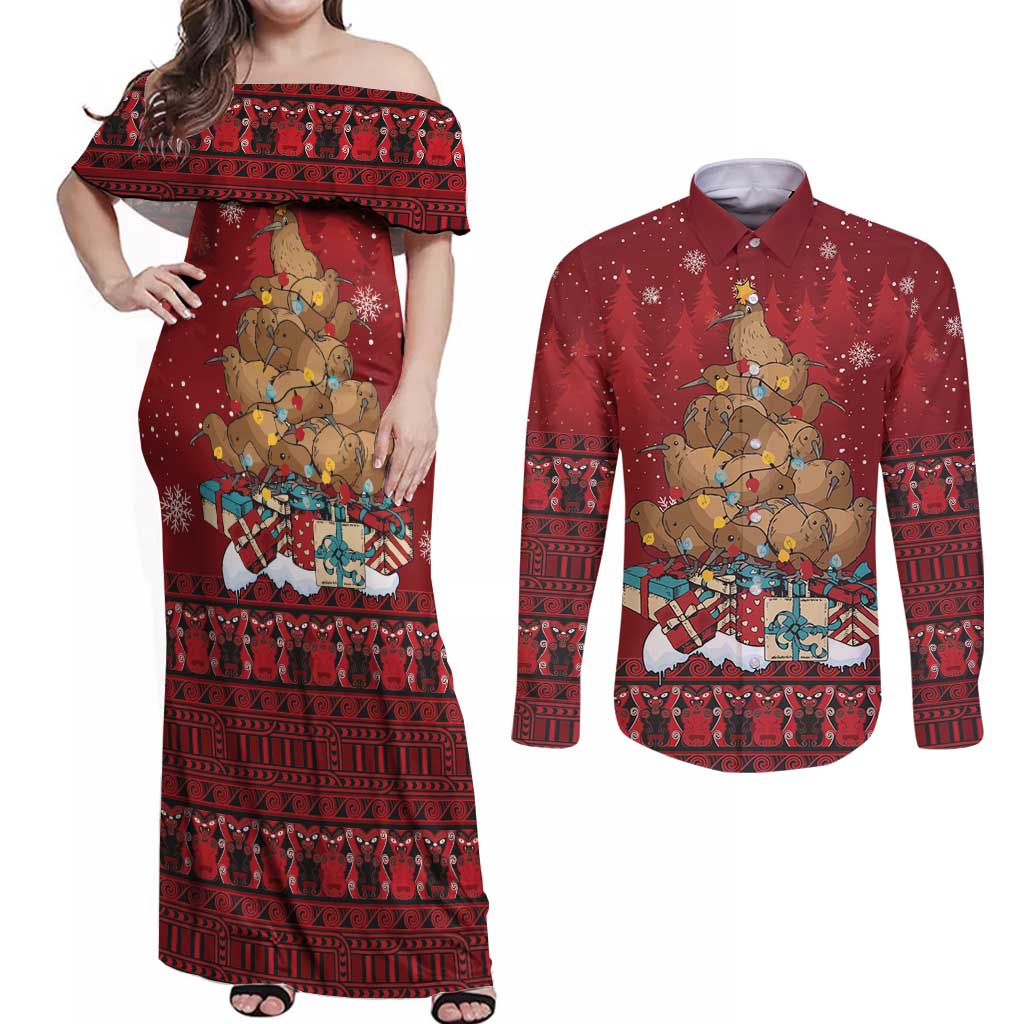 Funny Kiwi Bird Xmas Tree Couples Matching Off Shoulder Maxi Dress and Long Sleeve Button Shirt New Zealand Tribal Christmas Spirit - Polynesian Pride