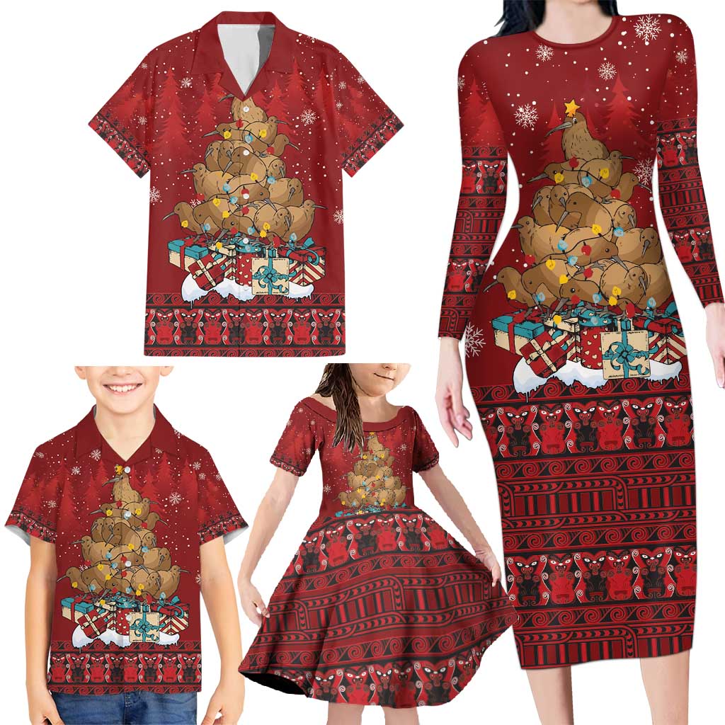Funny Kiwi Bird Xmas Tree Family Matching Long Sleeve Bodycon Dress and Hawaiian Shirt New Zealand Tribal Christmas Spirit - Polynesian Pride
