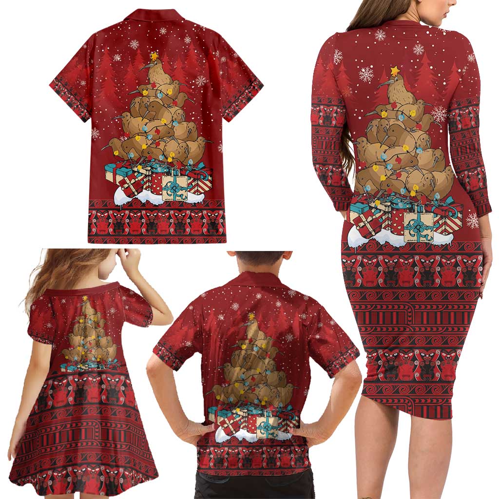 Funny Kiwi Bird Xmas Tree Family Matching Long Sleeve Bodycon Dress and Hawaiian Shirt New Zealand Tribal Christmas Spirit - Polynesian Pride